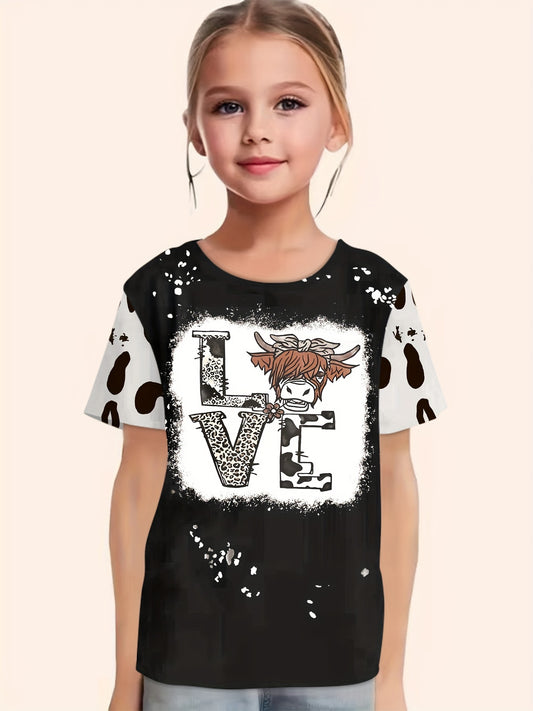 Girls Cow Print LOVE Print T shirt Western Style Tees Pullover Party Gift