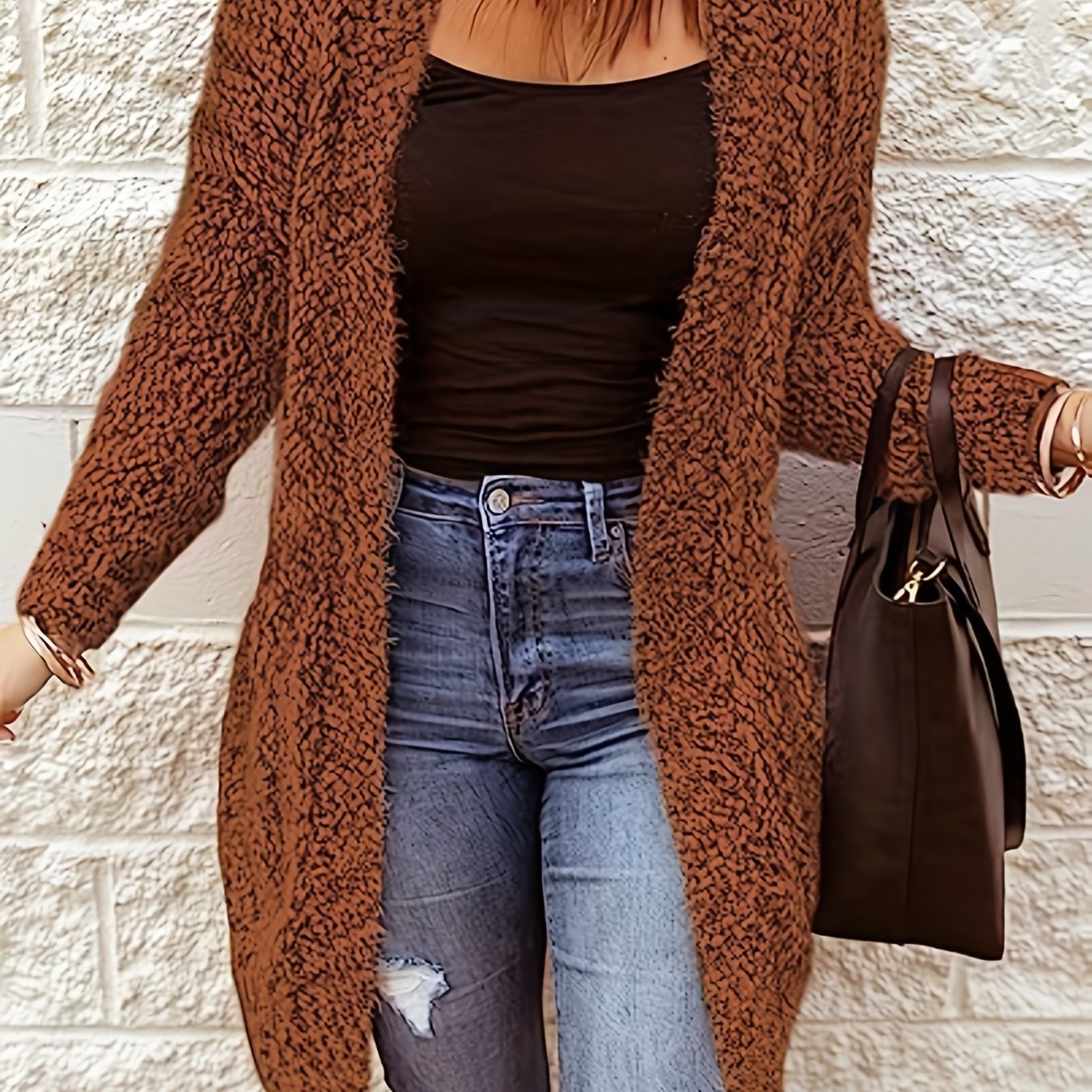  Solid Open Front Fuzzy Knit Cardigan