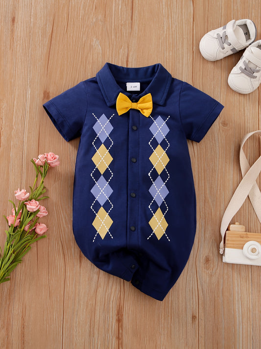 Baby Boys Geometric Cotton Bowtie Romper Jumpsuit