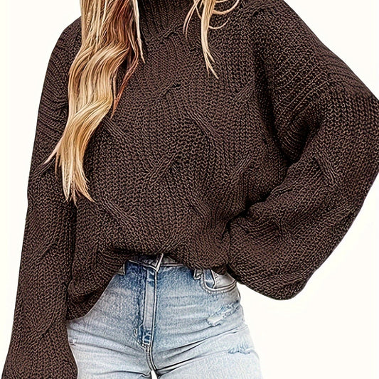 Plus Solid Cable Lantern Sleeve High Neck Sweater