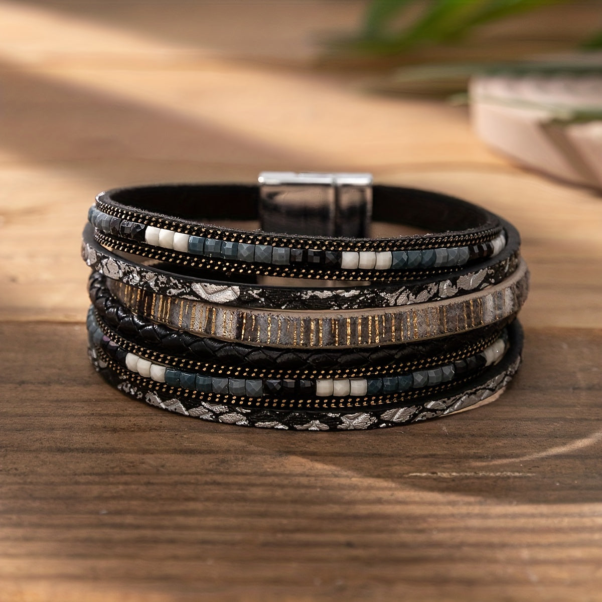 Colorful Boho PU Leather Wrap Bracelet Magnetic Buckle