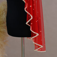 Faux Bridal Veil Red/Golden Wine Soft Nylon Tulle Beaded Edge Hand Wash