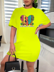  Heart & Slogan Print Short Sleeve Round Neck Dress
