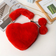 Heart Shaped Plush Handbag Chain Crossbody Bag Red