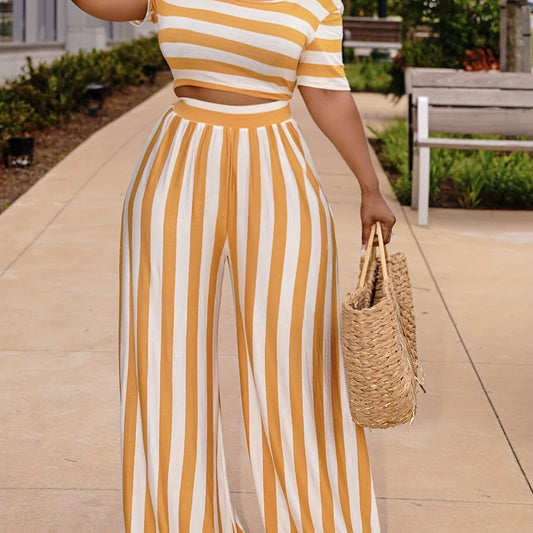 Striped Two Piece Set Short Sleeve Crop Top & Wide Leg Pants Women's Outfit