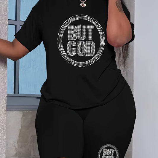 Rhinestone Letter Tee & Biker Shorts Set Plus Size 2pcs Outfit
