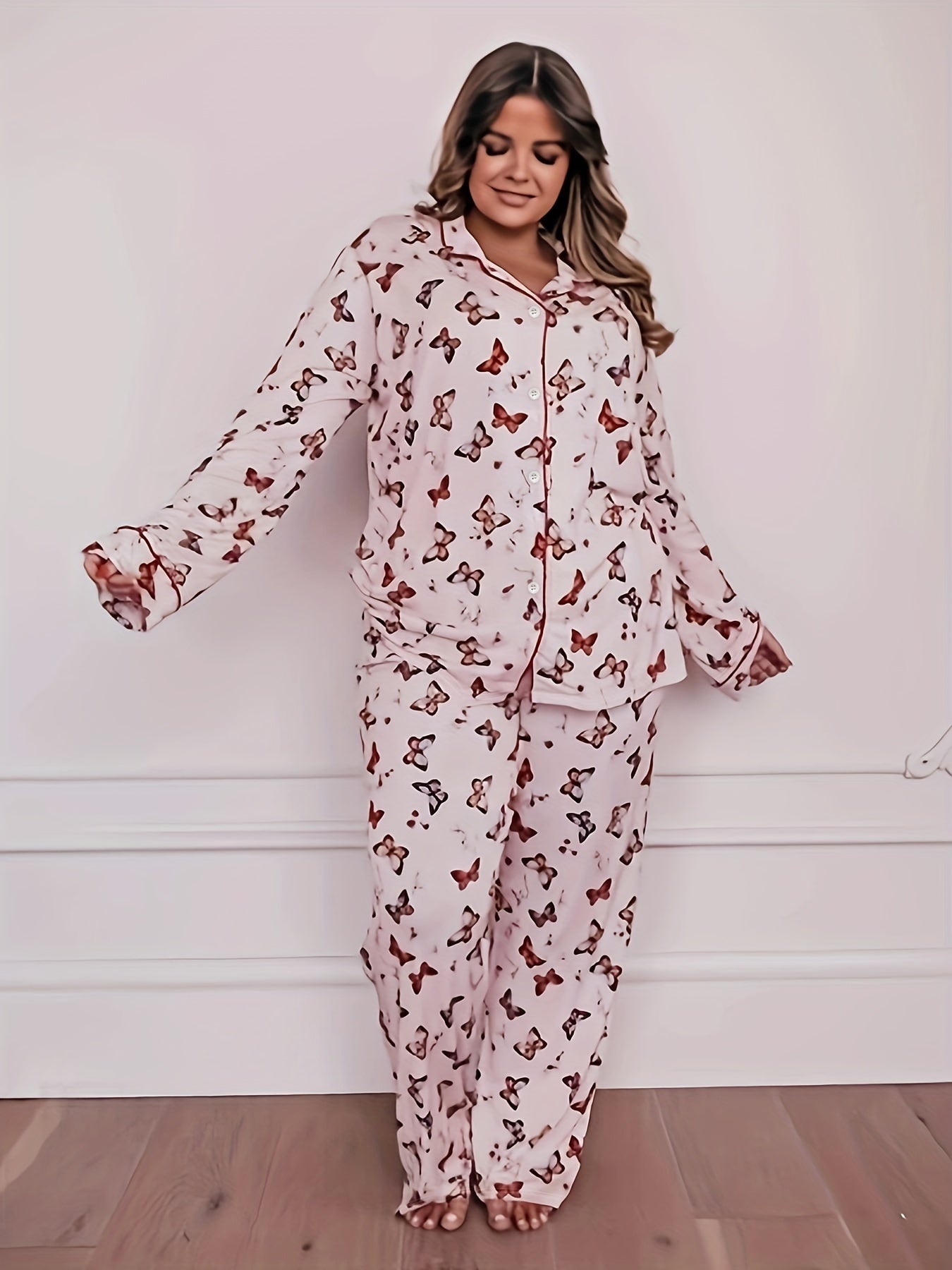  Butterfly Print Long Sleeve Pajama Set