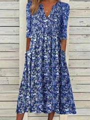 Floral Print V Neck Ruched Dress with Pockets