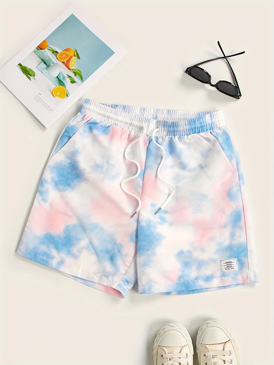 Men's Tie-Dye Beach Shorts, Drawstring Print, Size Up for Best Fit