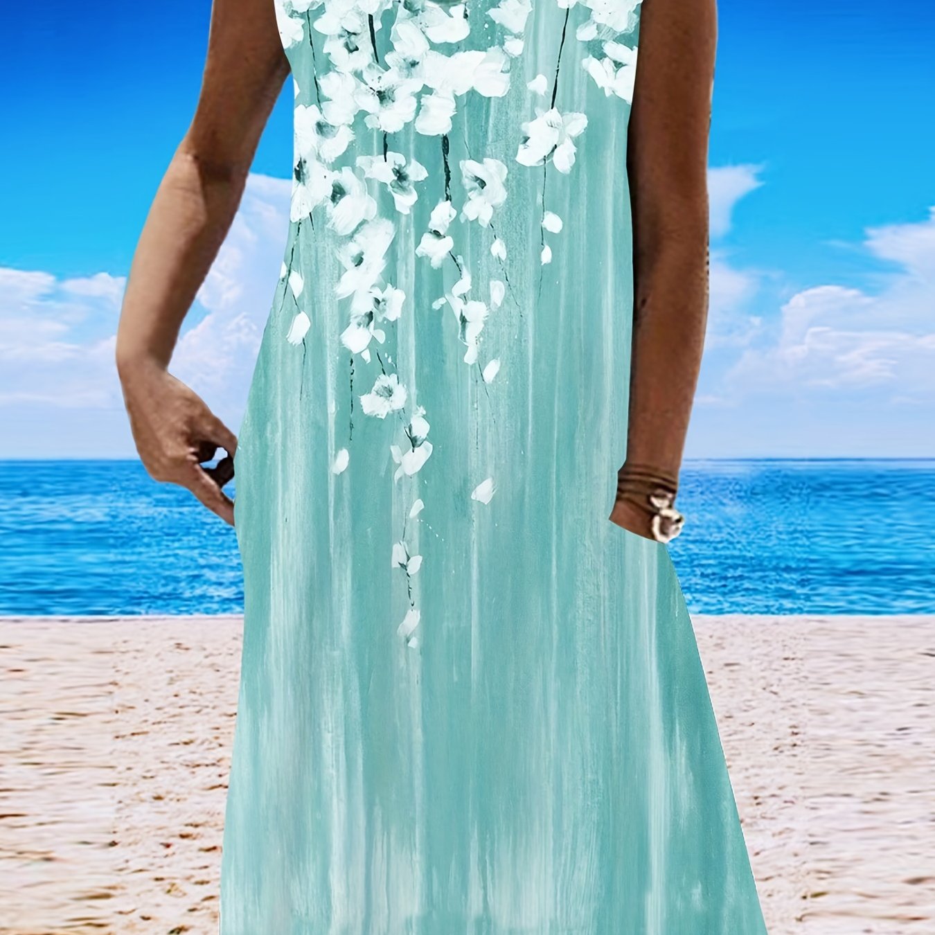  Floral Print Round Neck Tank Dress