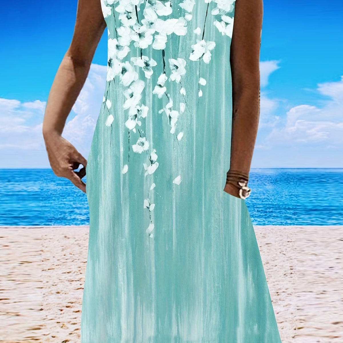  Floral Print Round Neck Tank Dress