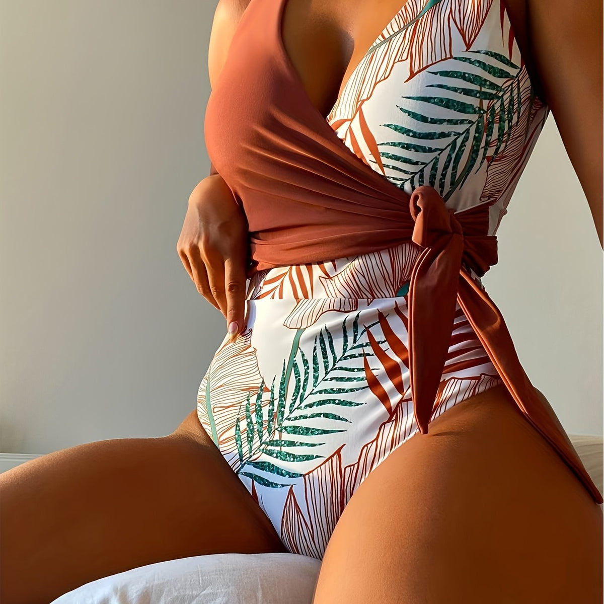 Leaf Print Tie Side One Piece Swimsuit