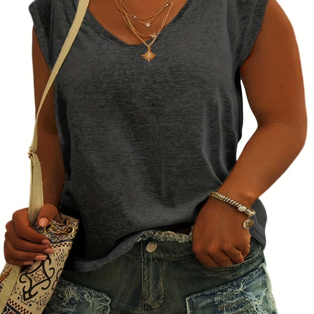  Casual Tank Top Women's Plus Plain Cap Sleeve V Neck Basic Tank Top
