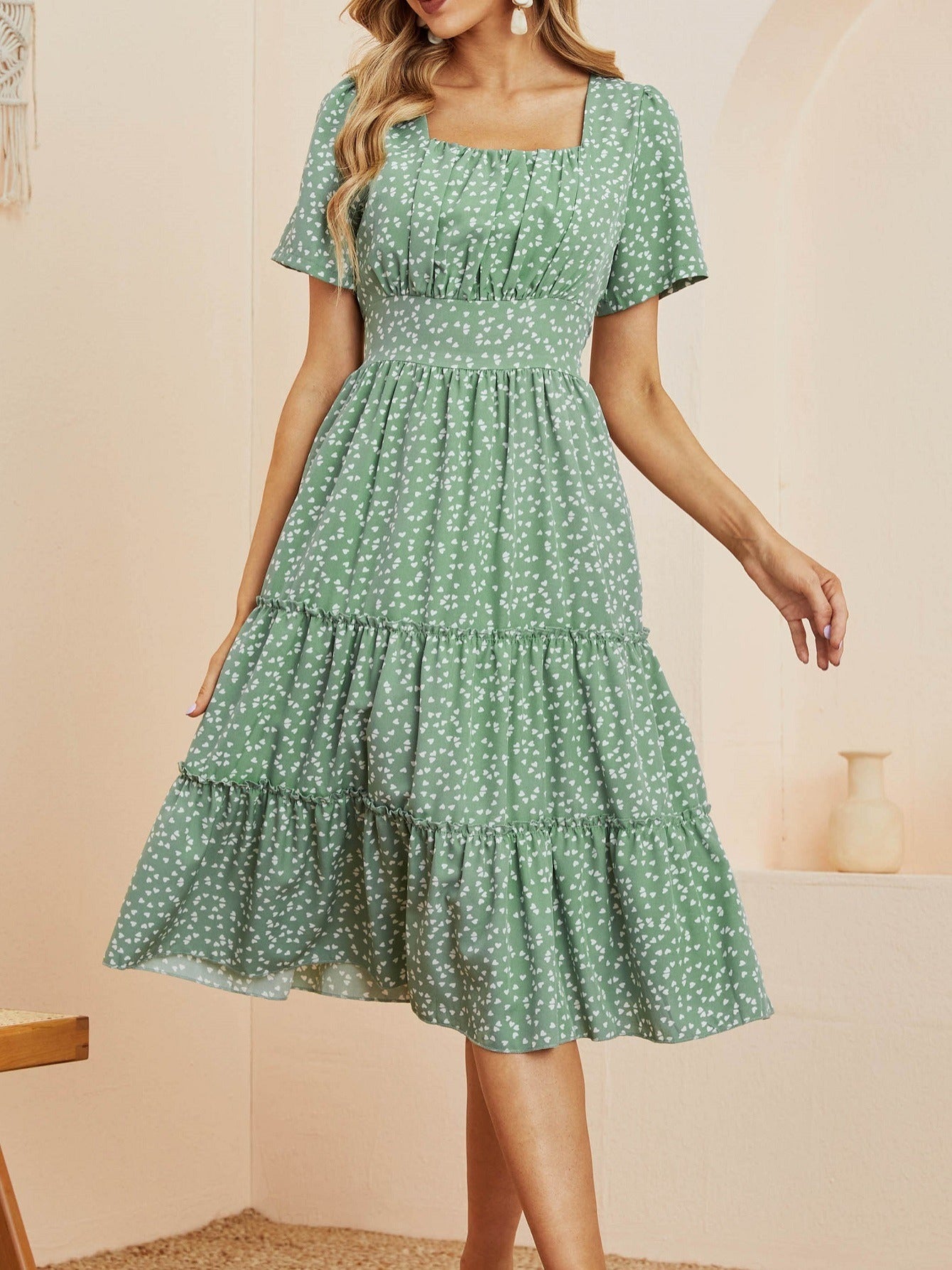 Heart Print Midi Dress Square Neck Drop Shoulder A Line Dress