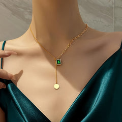 Green Emerald Pendant Necklace Stainless Steel Adjustable Necklace