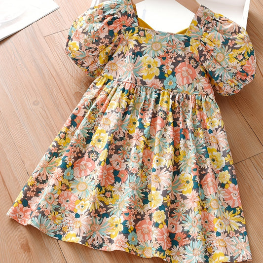 Toddler Girls Short Puff Sleeve Floral Dress Kids Summer Outfit