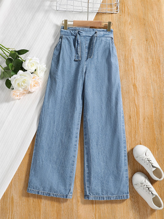 Kid Girls' Tie Waist Wide Leg Denim Trousers for Outwear