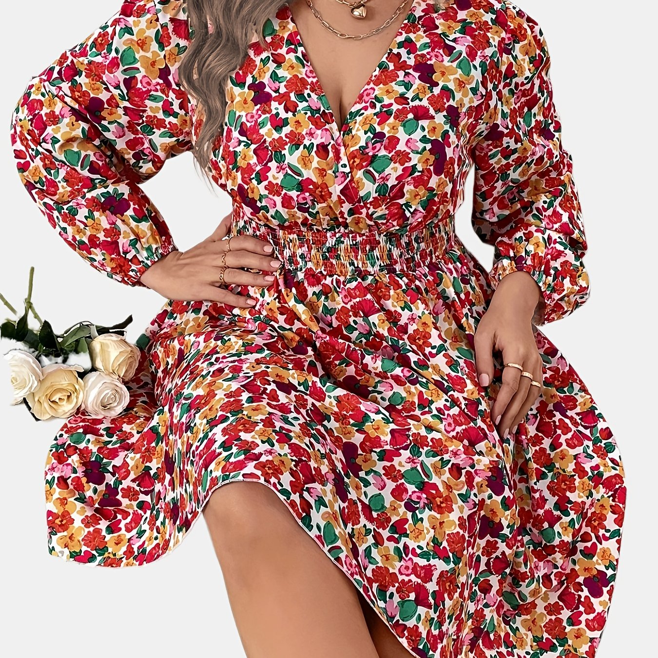  Floral Print Lantern Sleeve Surplice Neck Dress