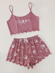 Moon Print Pajamas Comfy Cami Top & Shorts Women's Loungewear