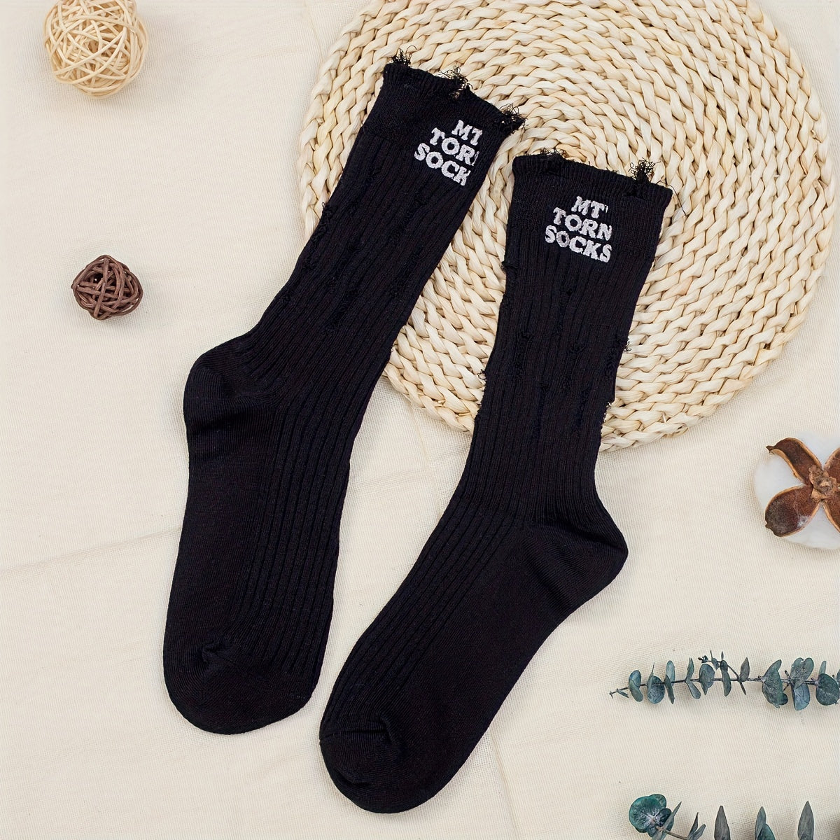 Letter Print Socks Comfy & Breathable Ripped Socks Women's Stockings