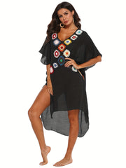 Crochet Floral Decor Beach Dress V Neck Semi Sheer Split Kaftan