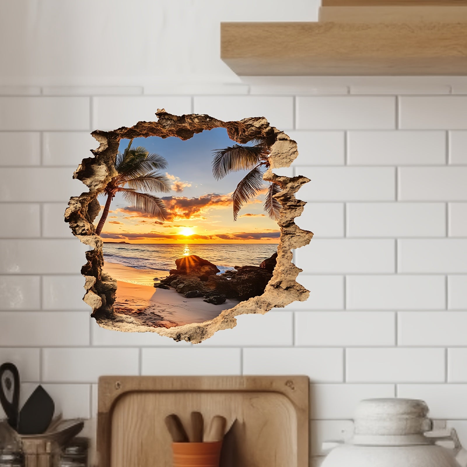 3D Beach Ocean Landscape Wall Decal Removable Irregular Shape Mural
