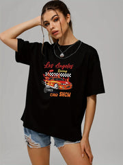 Modern Car & Letter Print T shirts Short Sleeve O neck Tee Women's Summer Tops