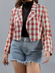  Casual Blazer Women's Plus Plaid Print Long Sleeve Lapel Collar Blazer