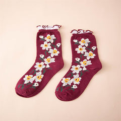 Floral Pattern Cotton Mid Tube Socks with Ruffle Trim