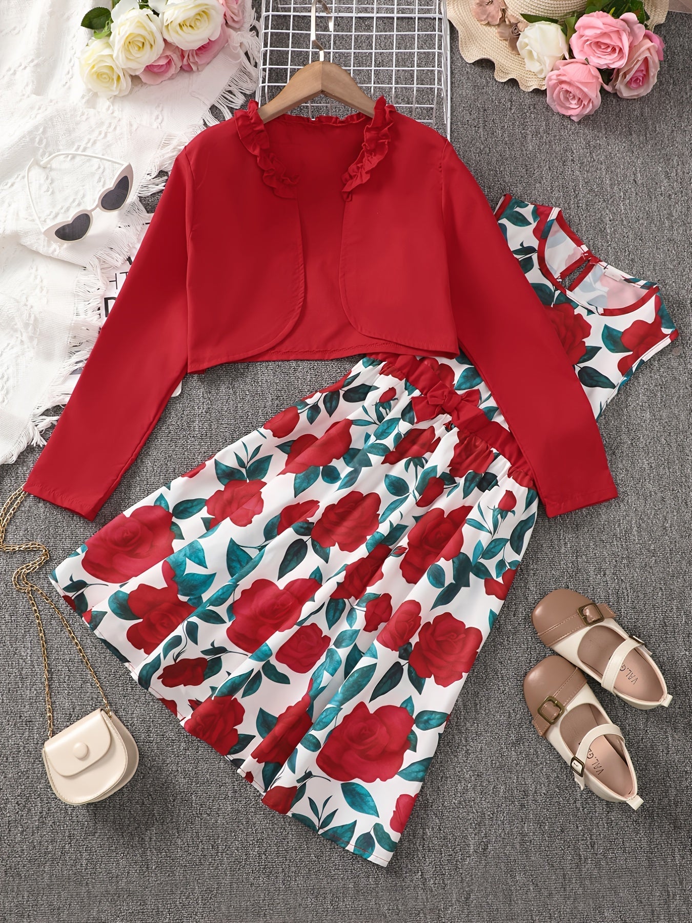 Girls Long Sleeve Top And Matching Rose Print Dress