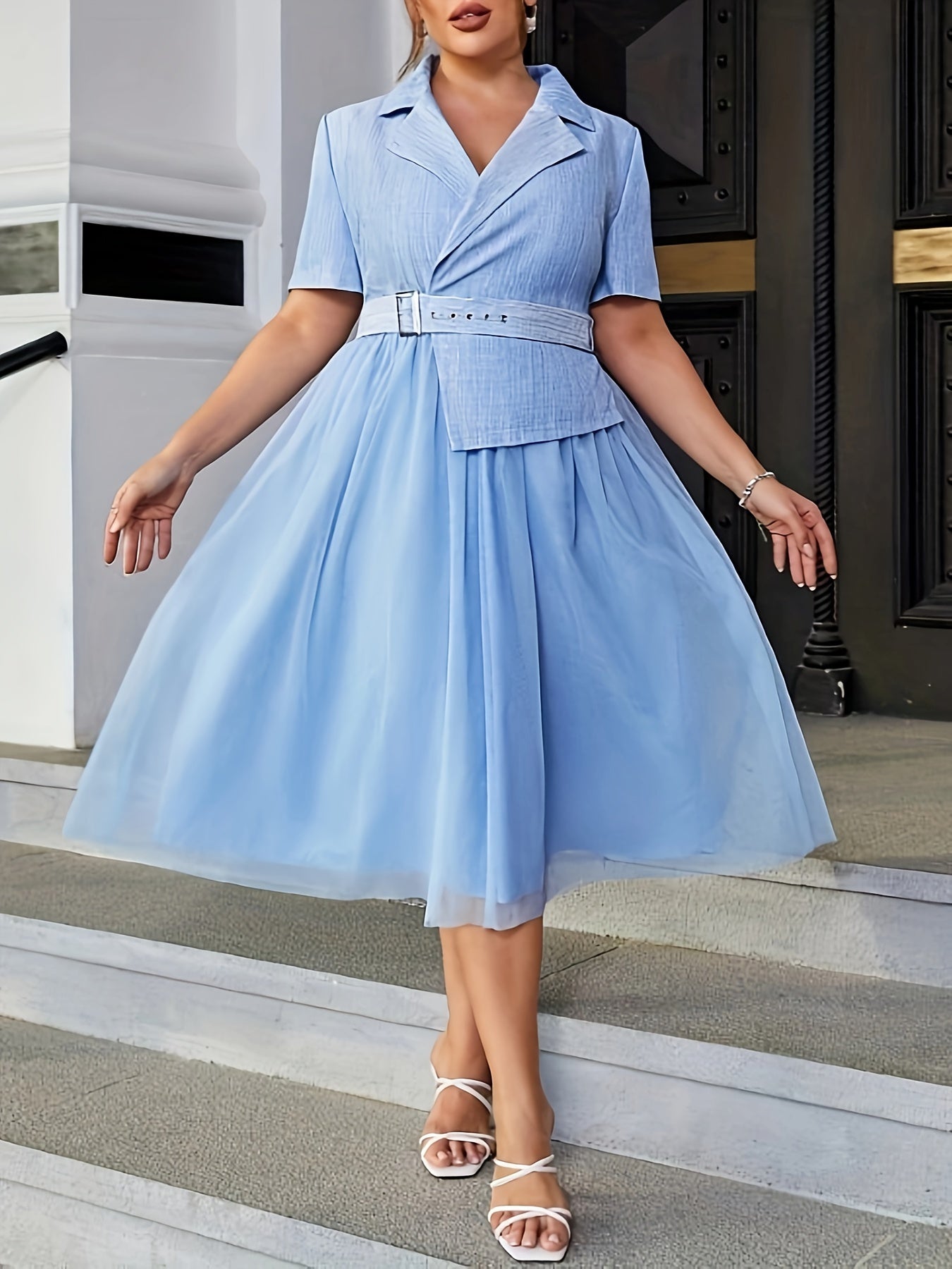  Mesh Sleeve Bridesmaid Dress with Belt