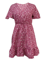 Floral Print V Neck Button Dress Short Sleeve Casual Dress