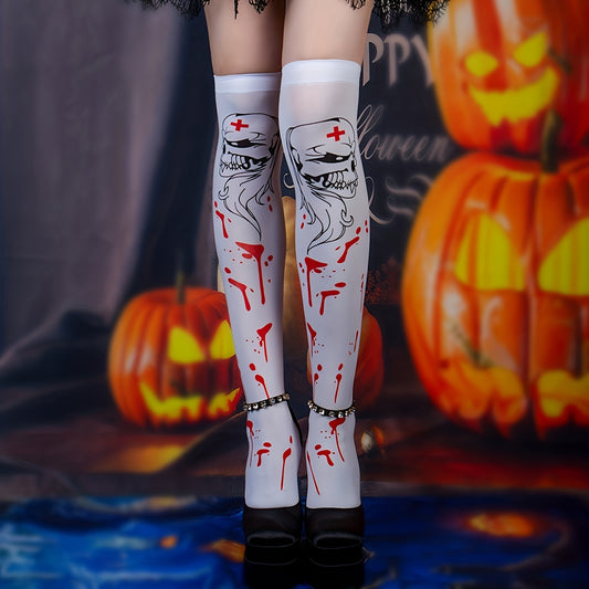 Skull Print Thigh High Socks Lace Over The Knee Stockings