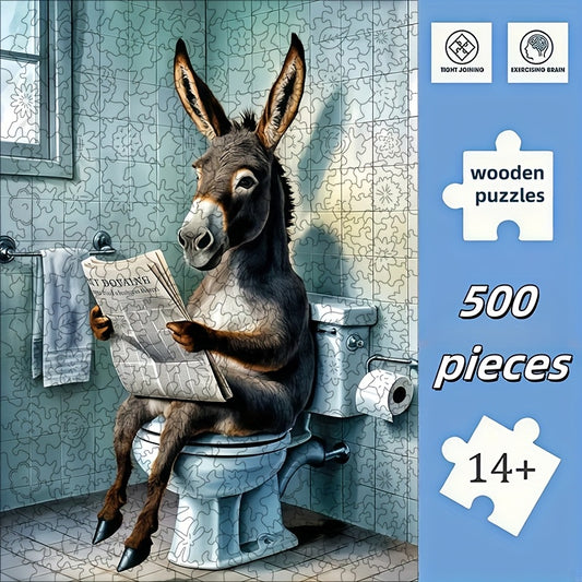 Challenging 500pcs Wooden Jigsaw Puzzle - Humorous Donkey Reading Newspaper