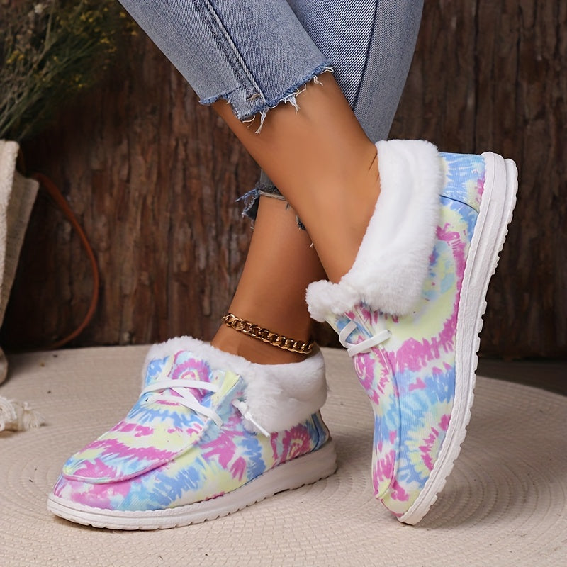Women's Tie Dye Fluffy Snow Boots Warm & Comfy Slip On Flat Shoes