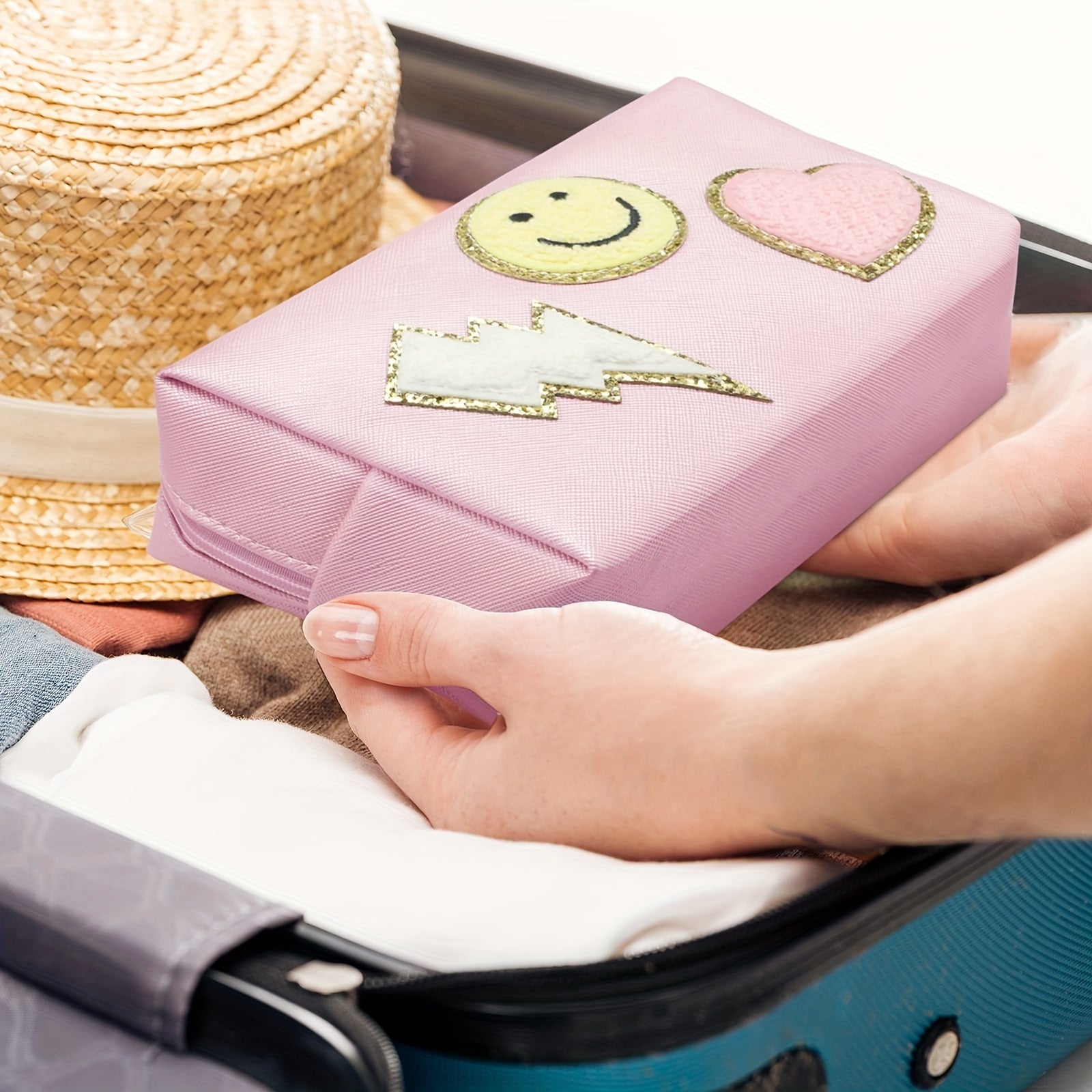 Lightning Cloud Heart Patch Cosmetic Pouch Makeup Bag Travel Zipper Pouch