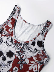 Vintage Skull & Flower Print Jumpsuit Women's Clothing