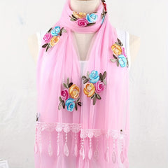Double Layer Lace Tassel Rose Embroidery Scarf Thin Gauze Shawl for Women