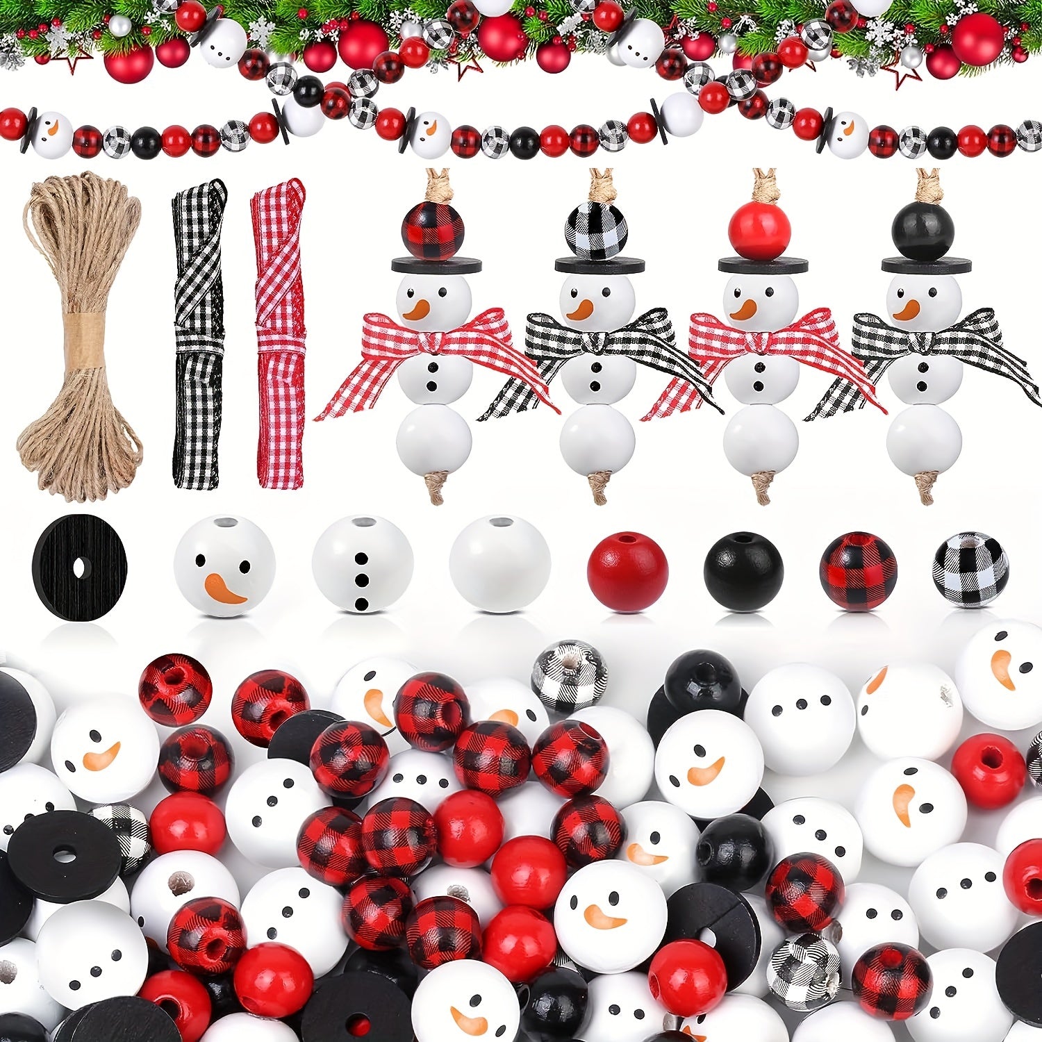 Christmas Wooden Beads Ornaments Snowman Winter Decor Farmhouse