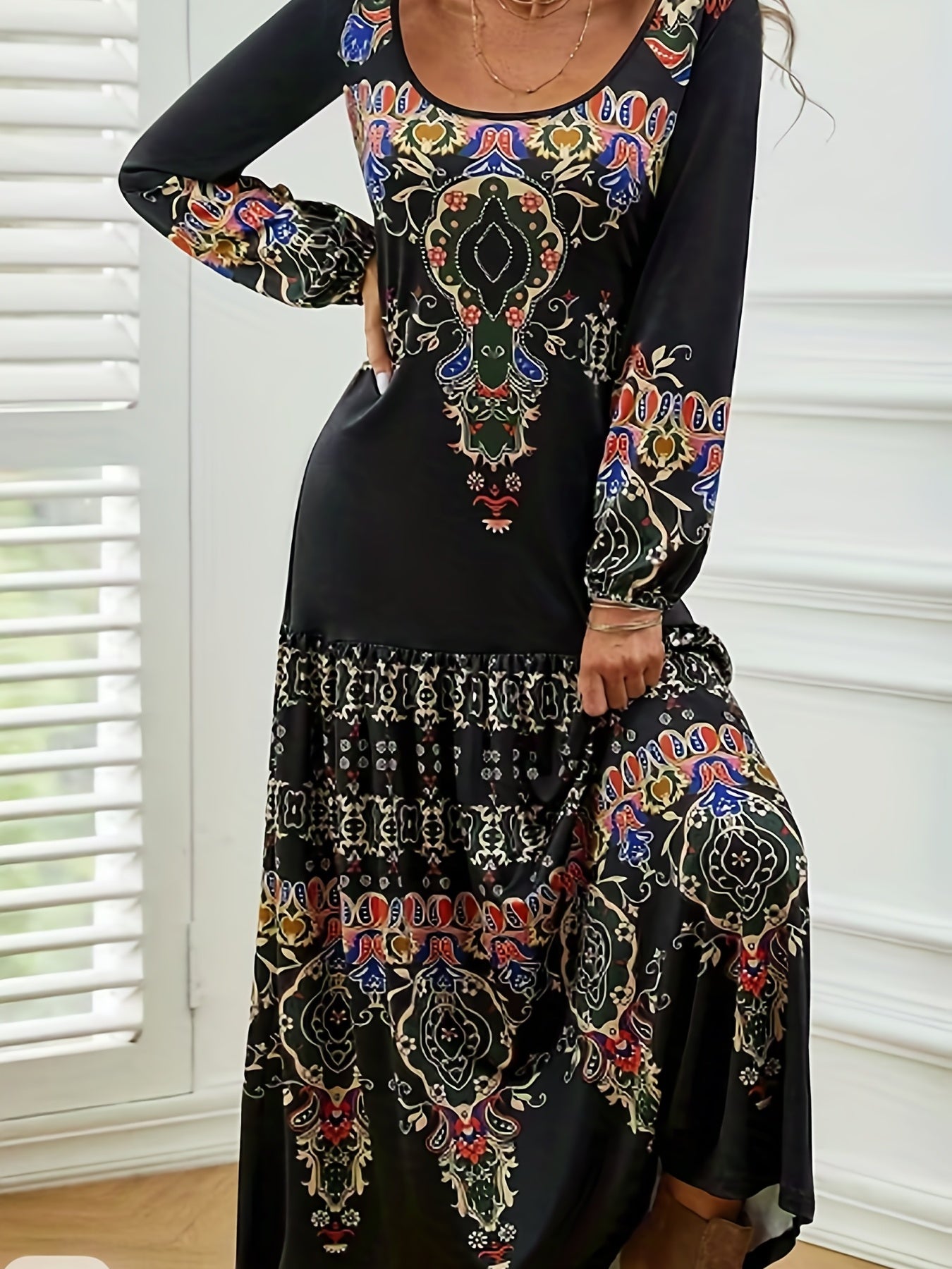  Tribal Print Long Sleeve Maxi Dress