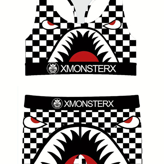 Girls Monster Graphic Plaid Activewear Set - Top & Shorts