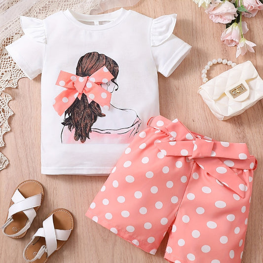 2pcs Toddler Girls Bow Figure Ruffle Trim T Shirt & Polka Dot Belted Shorts Set