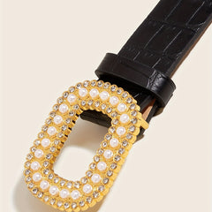 Faux Pearl Oval Buckle Belt PU Leather Thin Belt