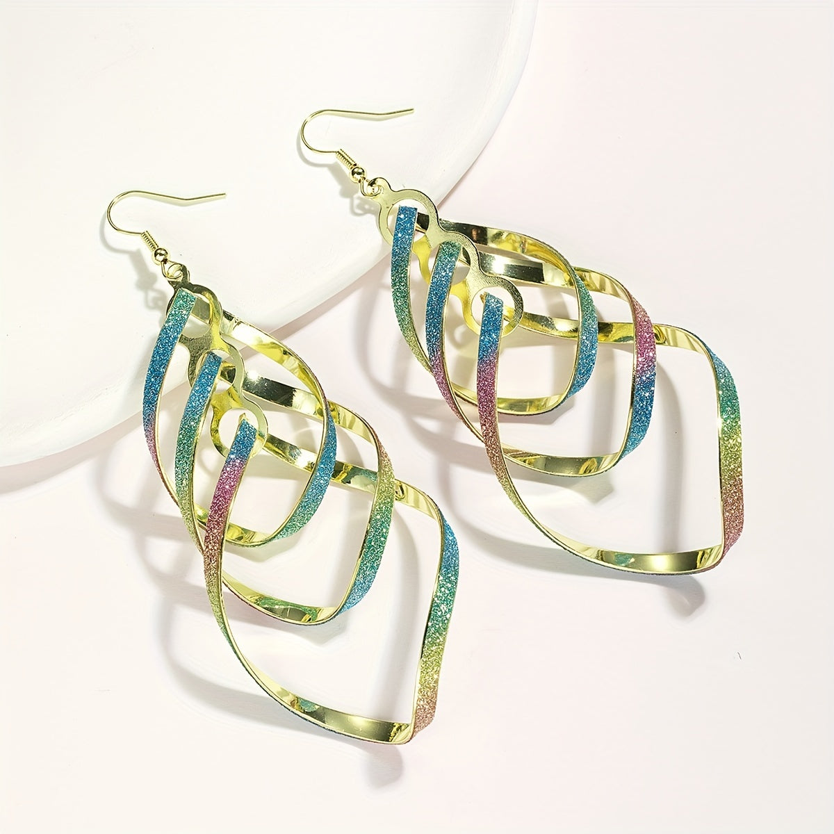 Metal Layered Swirling Geometric Earrings Long Pendant Hook Earrings