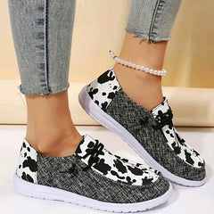 Cow Print Flat Loafers Slip On Canvas Shoes Round Toe Low Top