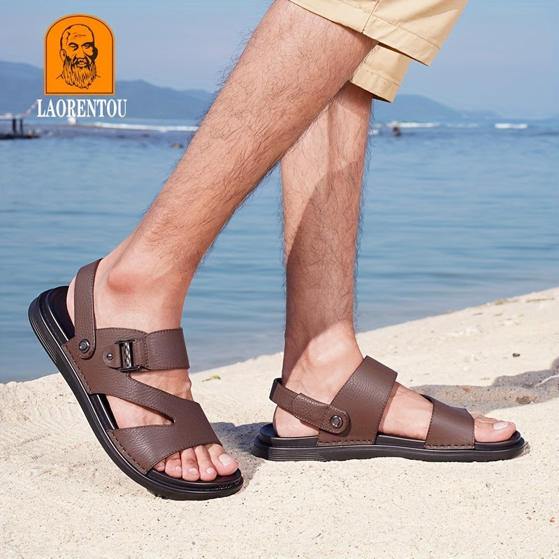 Men's Leather Sandals Wear Resistant Non Slip Outdoor Hiking Beach Water Shoes