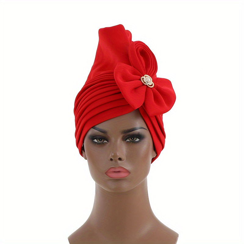 Red Pleated Turban Cap Hijab Hat with Bow