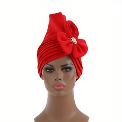 Red Pleated Turban Cap Hijab Hat with Bow