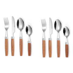 Stainless Steel Tableware Set with Wooden Handles - Durable Dinnerware