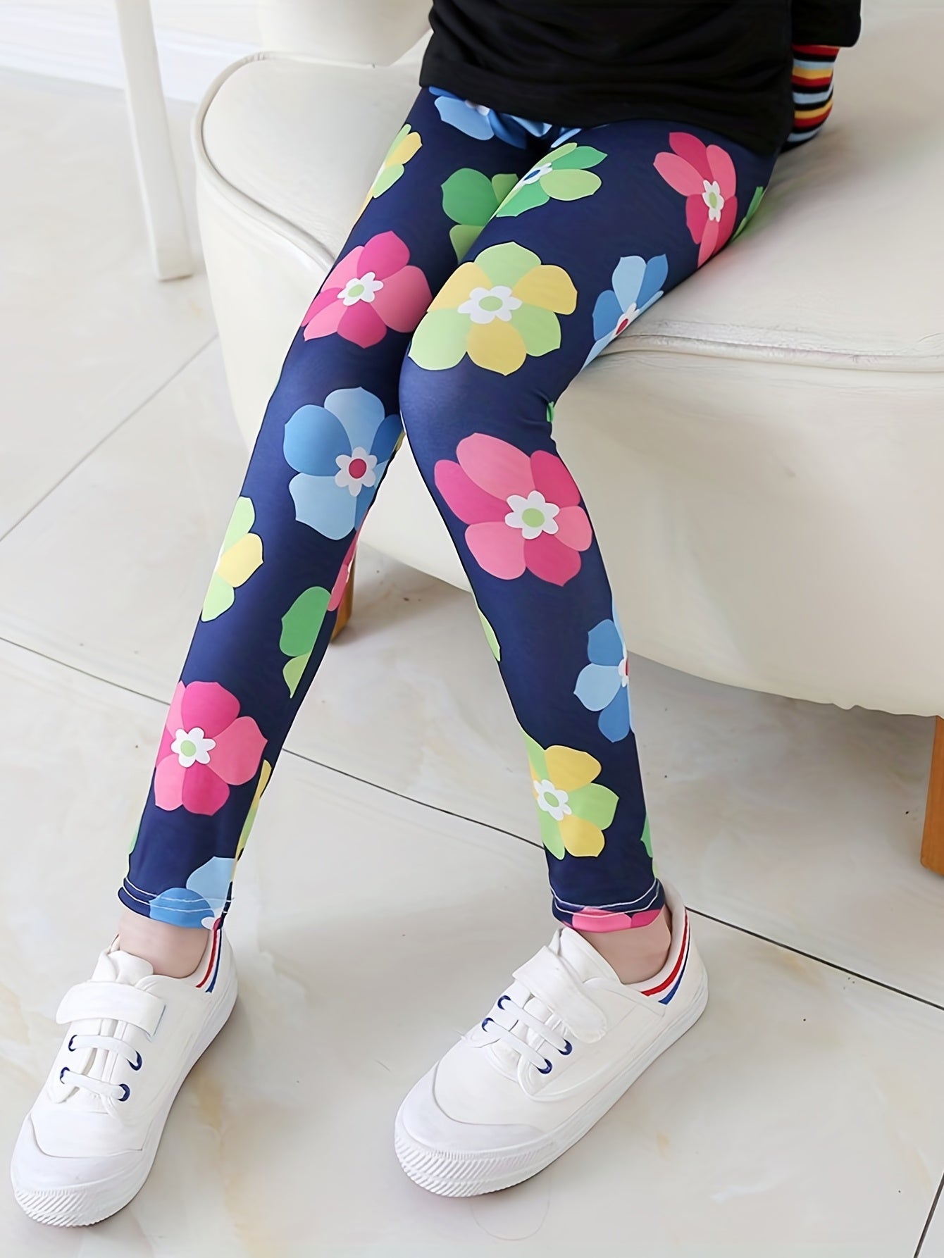 Girls Colorful Flowers Stretch Yoga Pants High Waist Slim Leggings